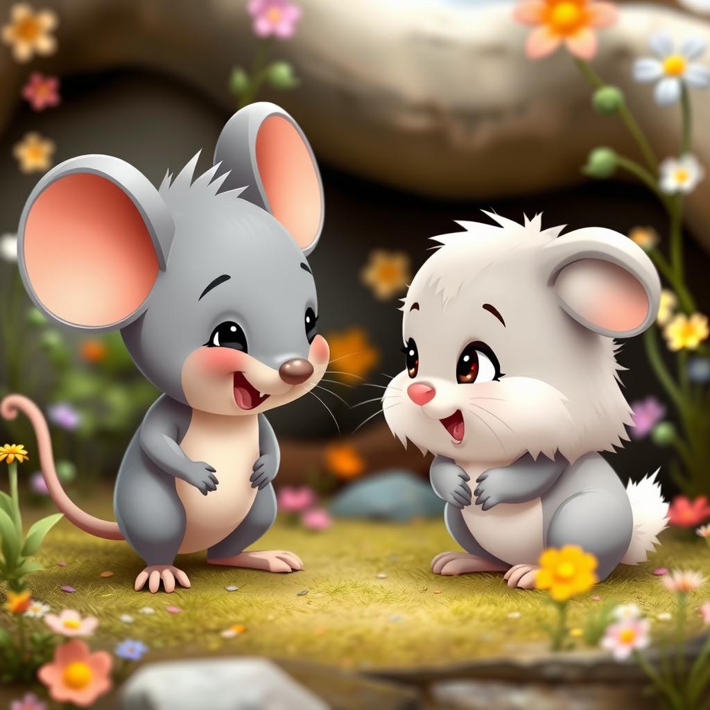 An adorable cartoon scene featuring a grey mouse named Mousey and a fluffy baby rabbit named Fluffy facing each other