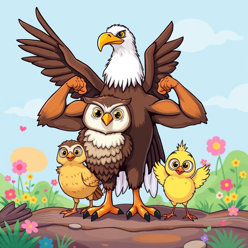 A vibrant and playful illustration featuring an eagle, an owl, and a chick all proudly showcasing their well-defined biceps in a humorous manner