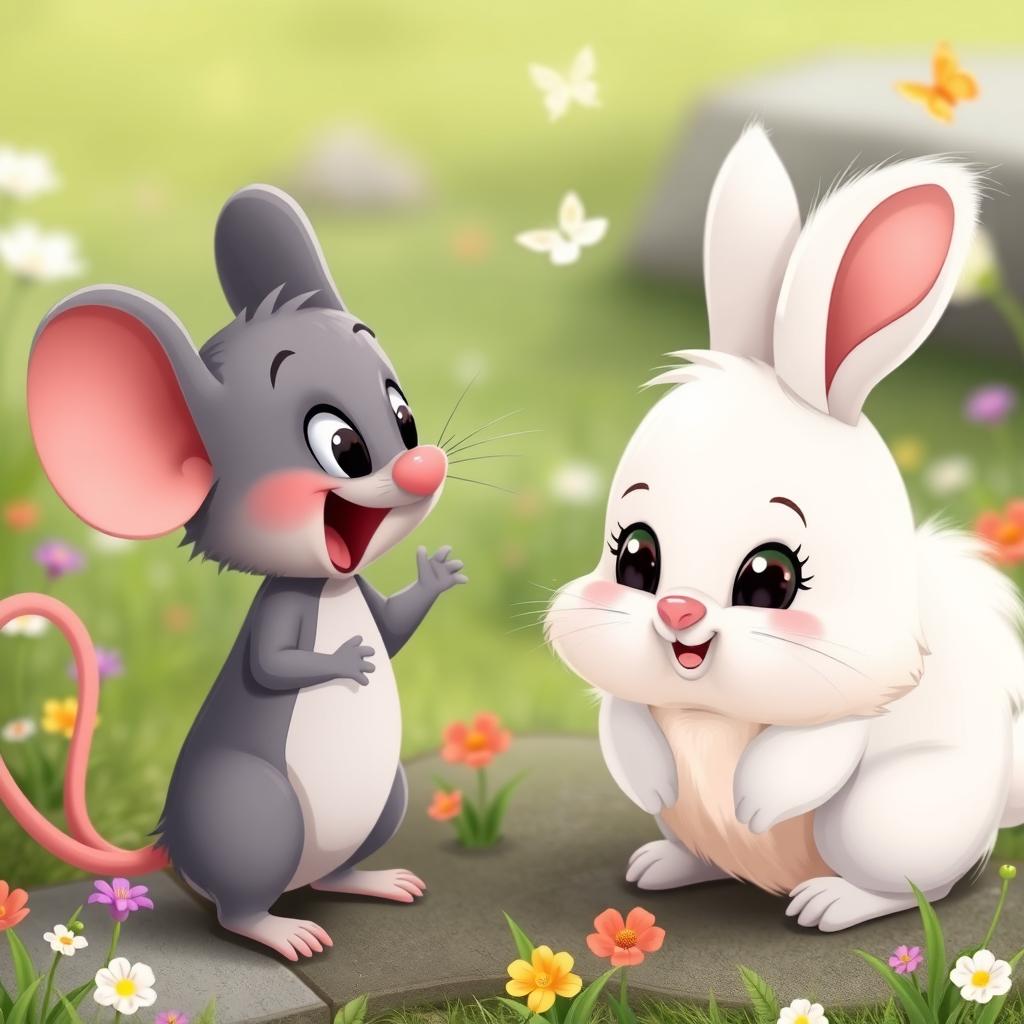 An adorable cartoon scene featuring a grey mouse with a lively and excited expression, facing off against a fluffy baby rabbit named Fluffy, who has a warm smile on its face