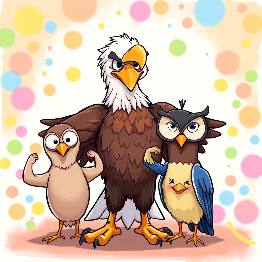 A colorful and humorous illustration of an eagle, an owl, and a chick all proudly showing off their well-defined biceps
