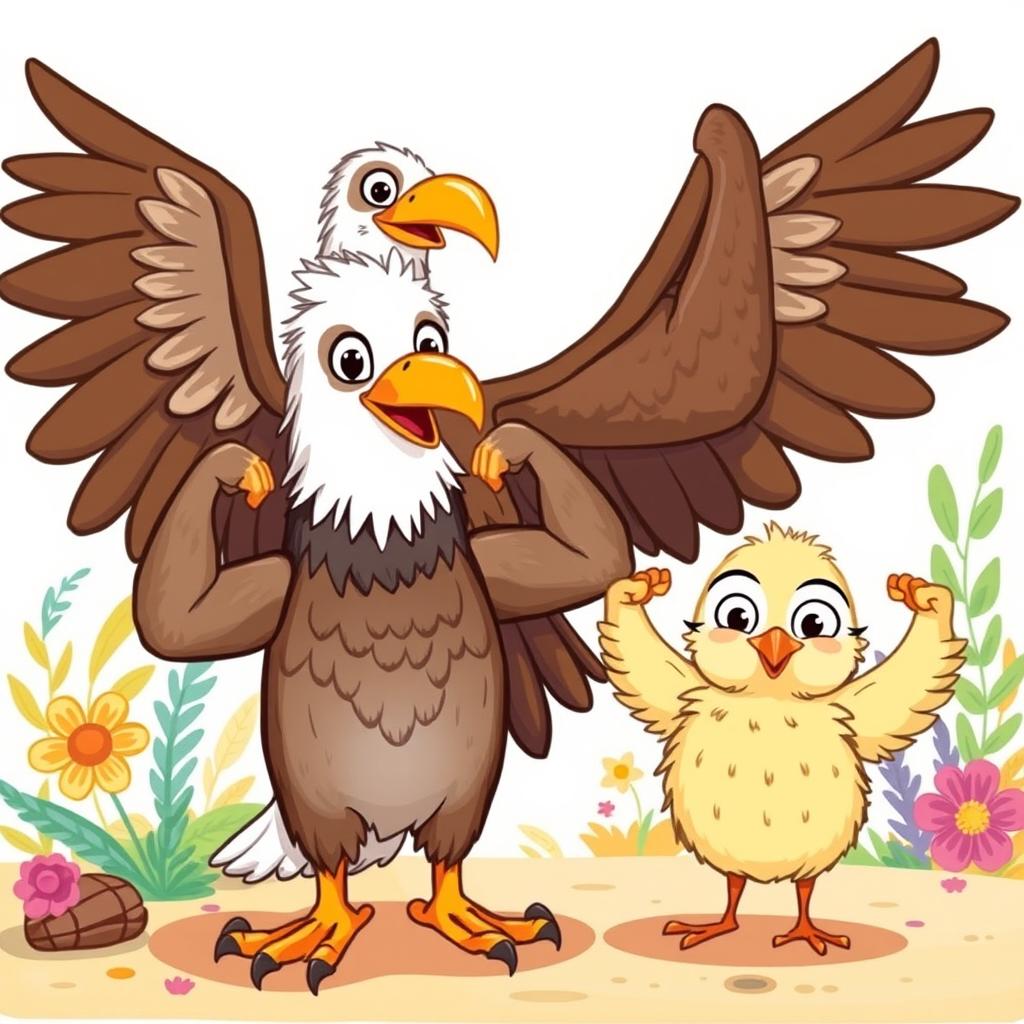 A lively and humorous illustration featuring an eagle, an owl, and a chick all proudly showing off their biceps