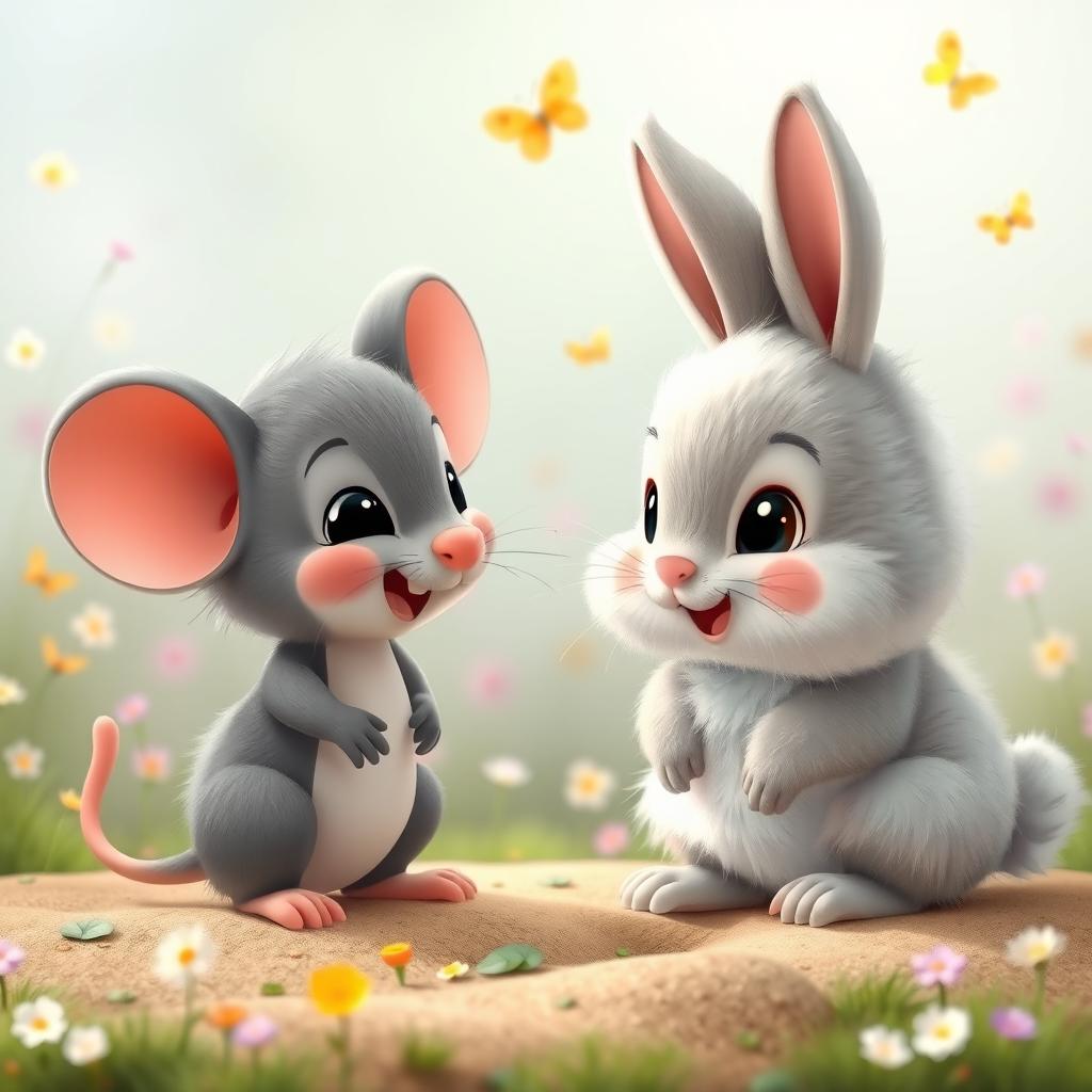 An adorable scene featuring a grey cartoon mouse named Mousey facing a fluffy baby rabbit named Fluffy