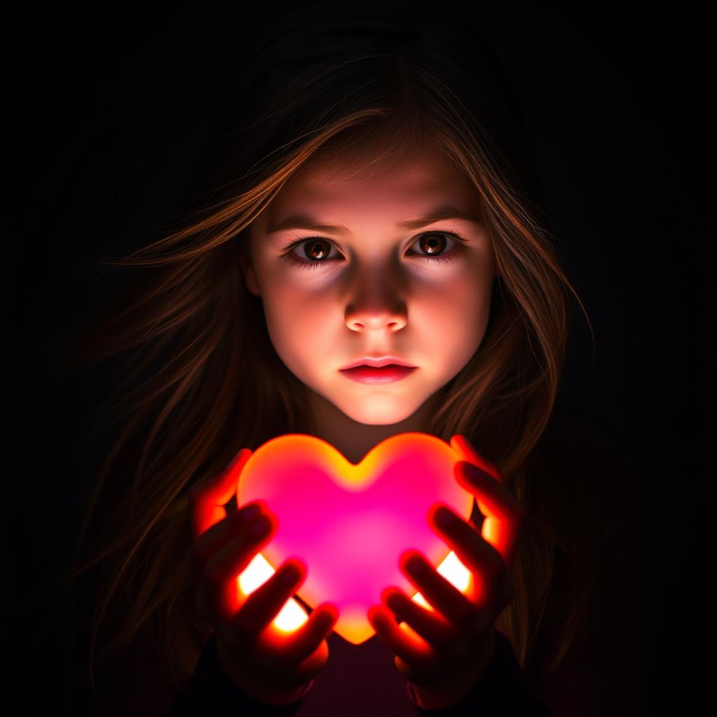 A dramatic portrait of a girl with flowing brown hair, holding a luminous heart in her hands