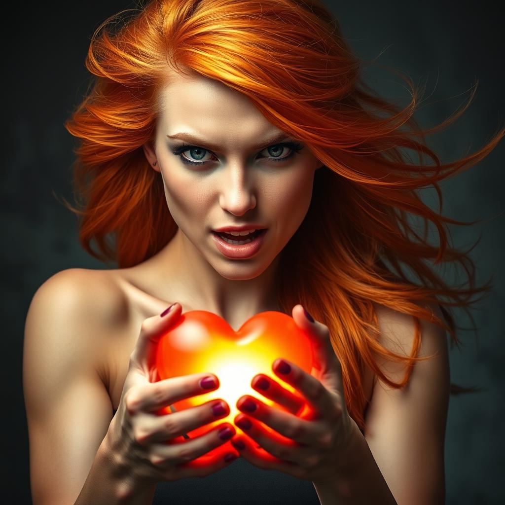 A striking portrait of a woman with vibrant orange hair, passionately holding a glowing heart in her hands