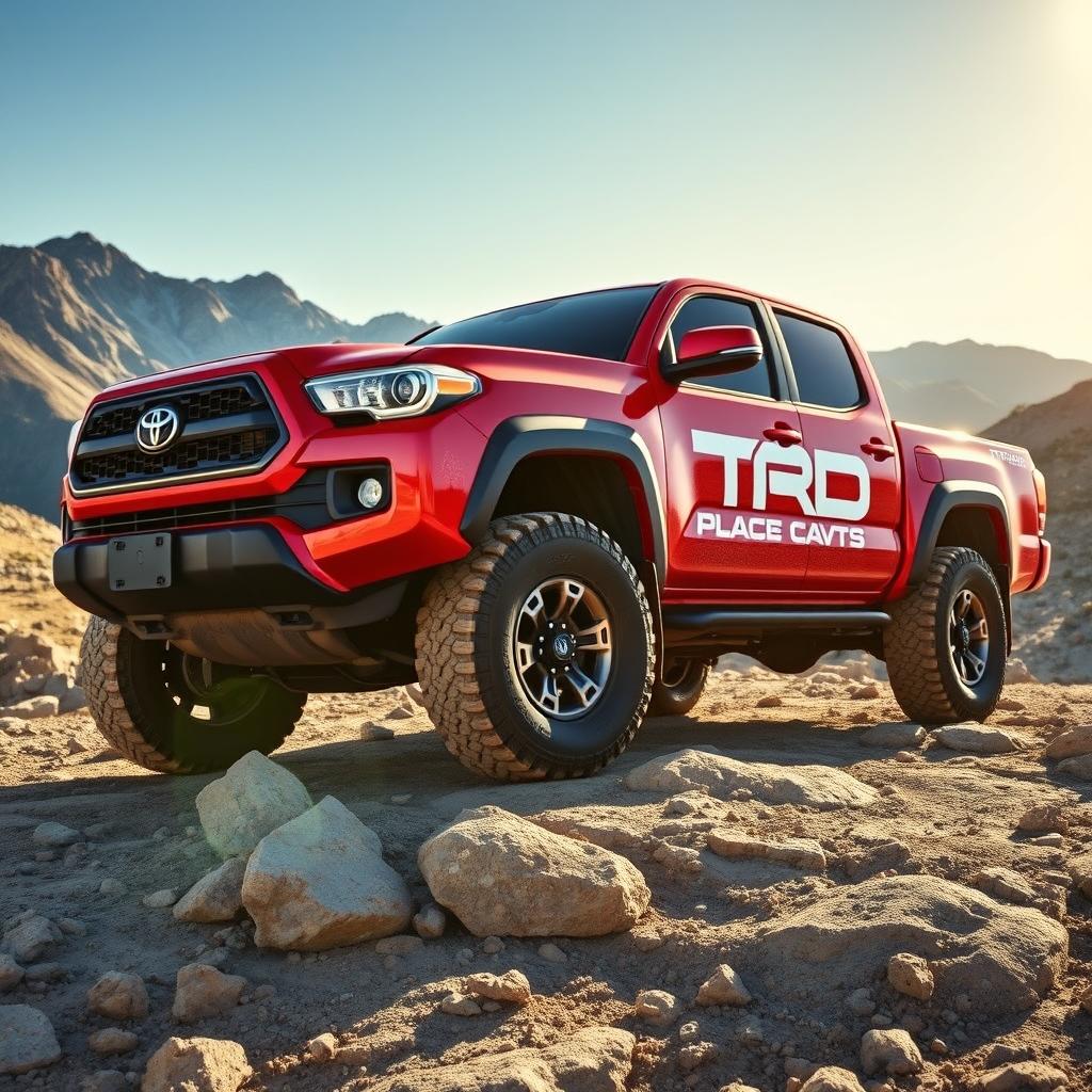 A rugged Toyota pickup truck parked on a rocky terrain, featuring bold and prominent TRD (Toyota Racing Development) stickers on both sides of the vehicle