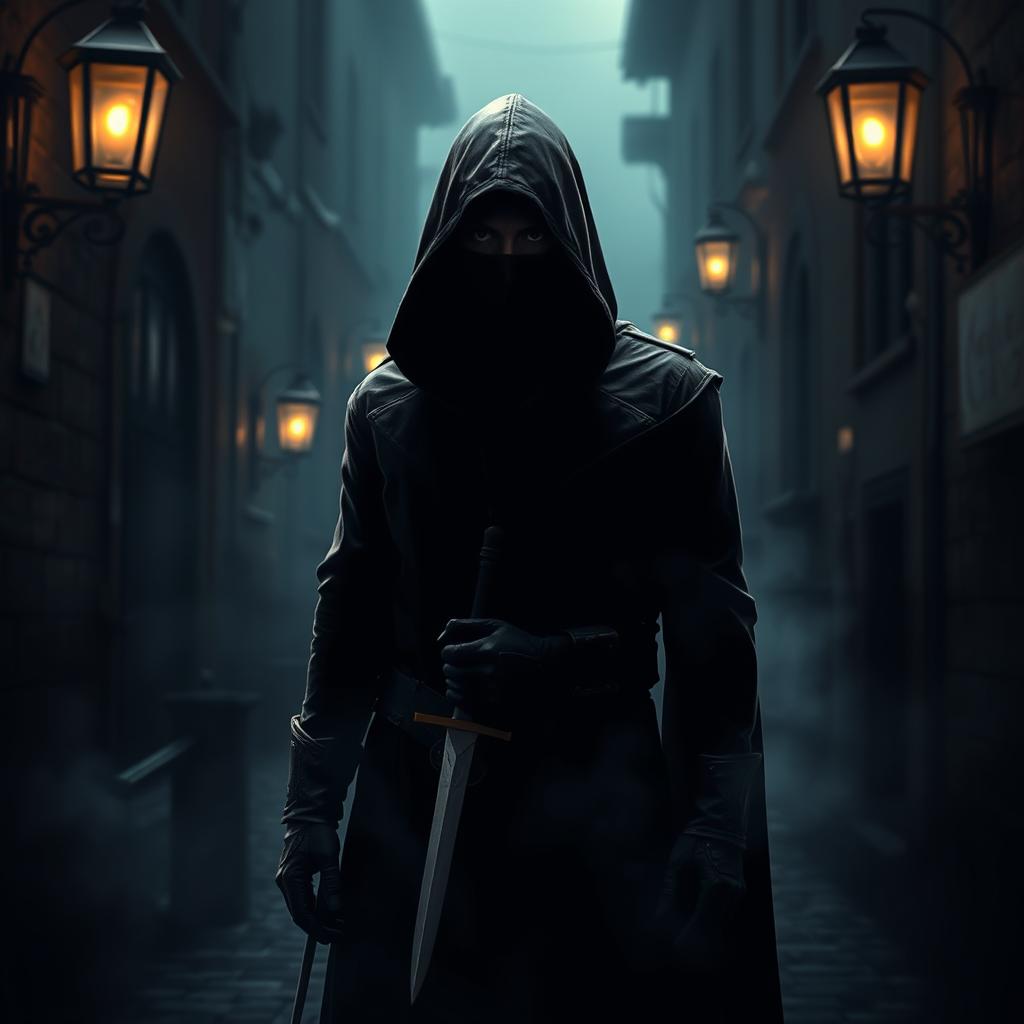 A mysterious hooded assassin standing in a dark, moody setting