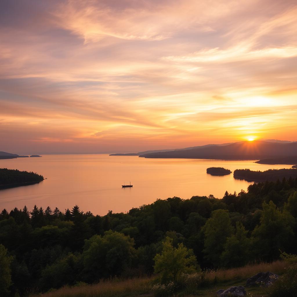 A vibrant landscape at sunset over a tranquil lake, with the sun casting a golden glow on the water's surface