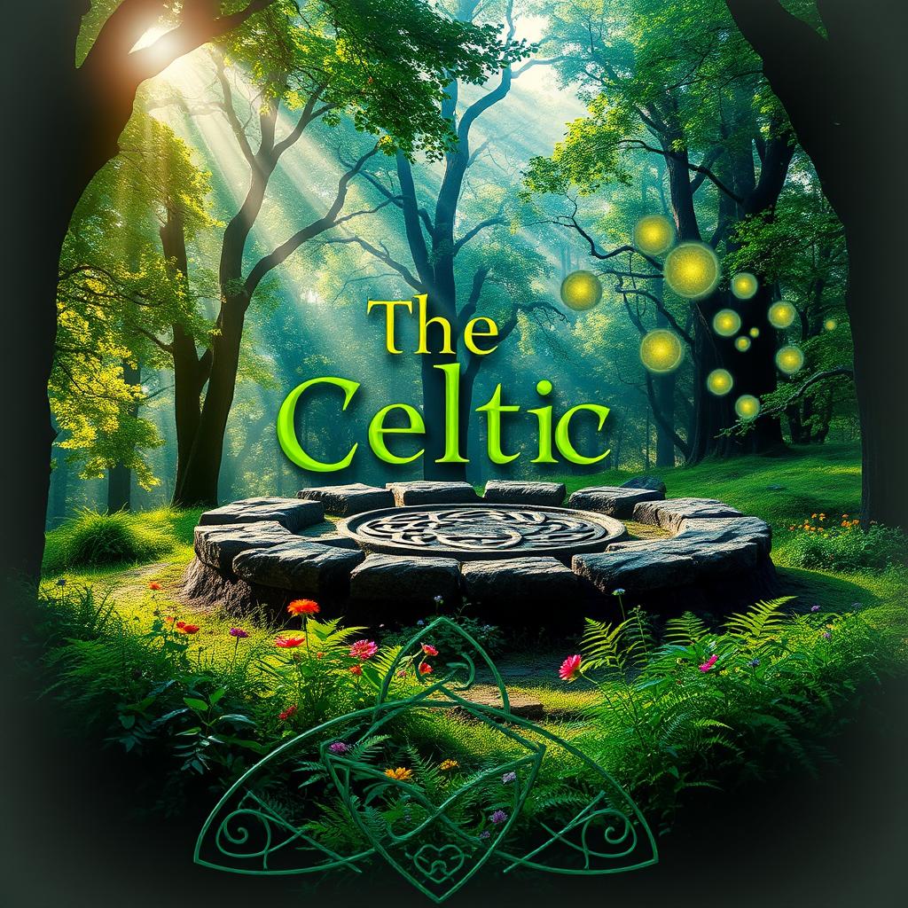 A captivating book cover design featuring Celtic magic, showcasing a mystical forest setting