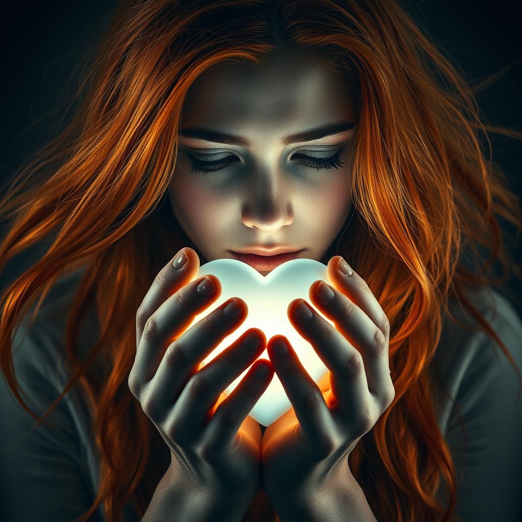 A poignant portrait of a sad woman with vibrant orange hair, delicately holding a glowing heart in her hands