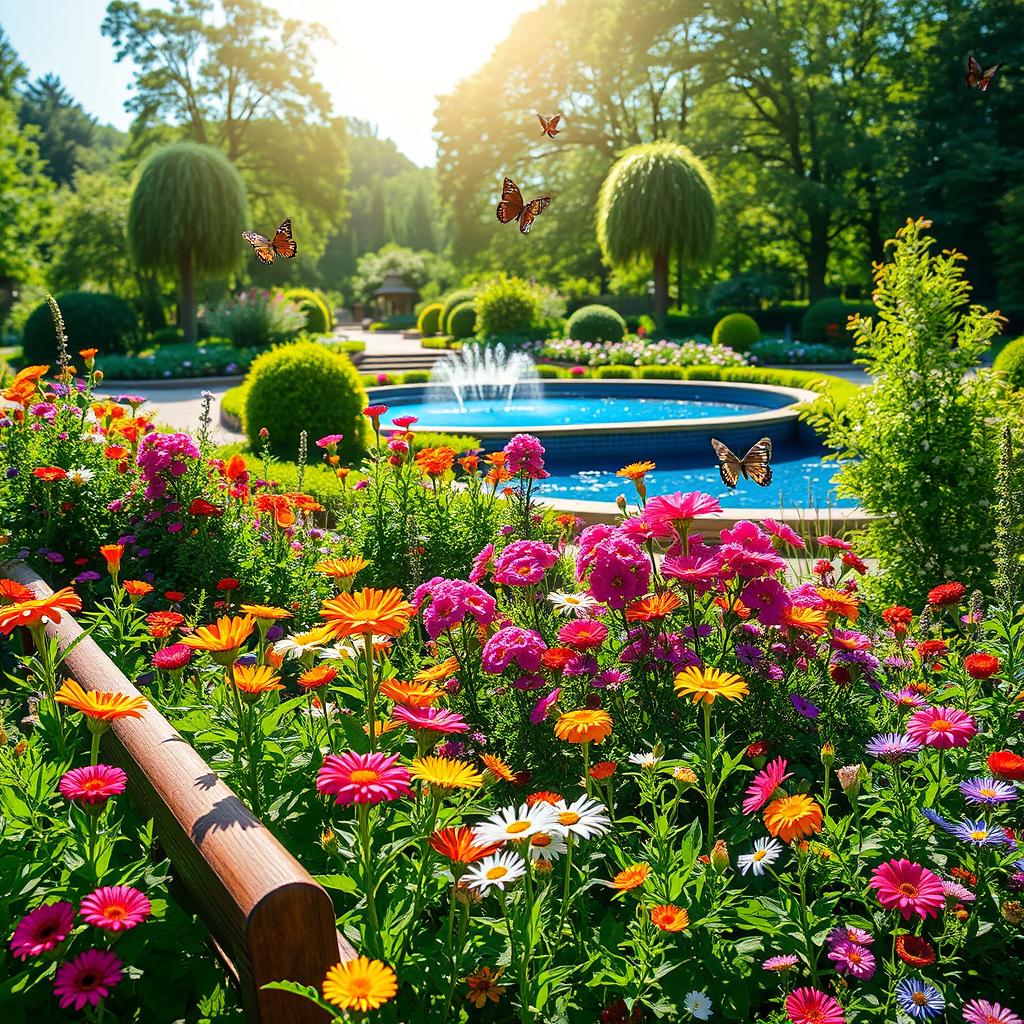 A vibrant and colorful garden scene with a variety of flowers blooming under a sunny sky