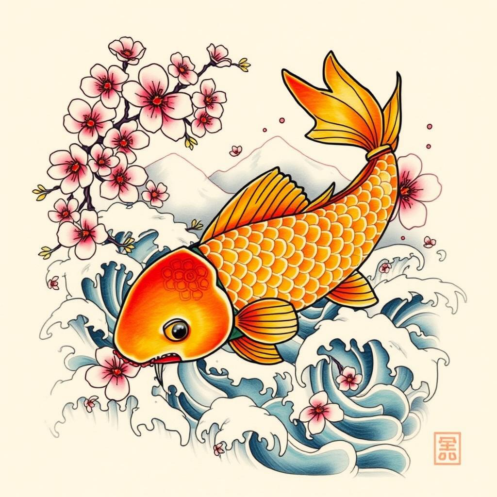 A stunning design for a traditional Japanese tattoo featuring a colorful koi fish swimming gracefully through waves