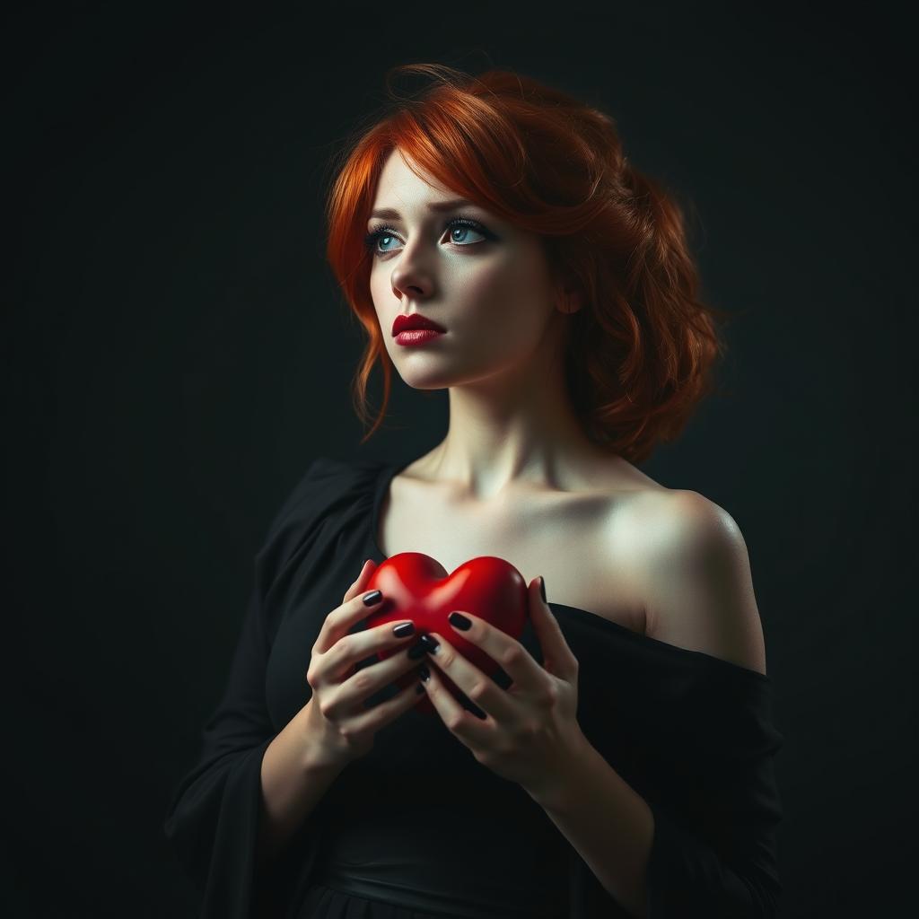 A melancholic woman with vibrant orange hair gazing solemnly into the distance, holding a bright red heart delicately in her hands