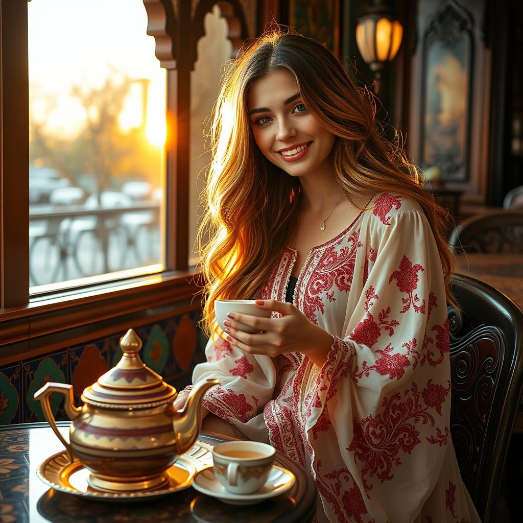 A beautiful Turkish girl sitting next to a traditional Turkish tea set, adorned in elegant, flowing attire that reflects the colors of the sunset, with intricate patterns and delicate embroidery