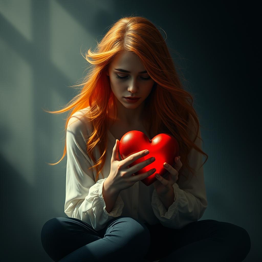 A melancholic woman with flowing orange hair, sitting amidst soft shadows, holding one hand delicately with her own while cradling a vibrant red heart in the other