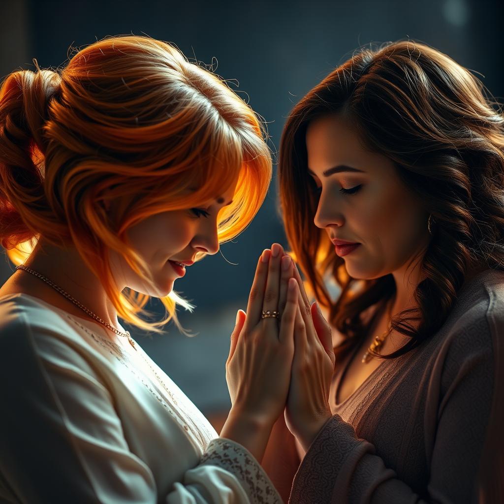 A dramatic and emotional scene featuring a woman with vibrant orange hair, elegantly styled, holding the hand of another woman in a solemn prayer posture