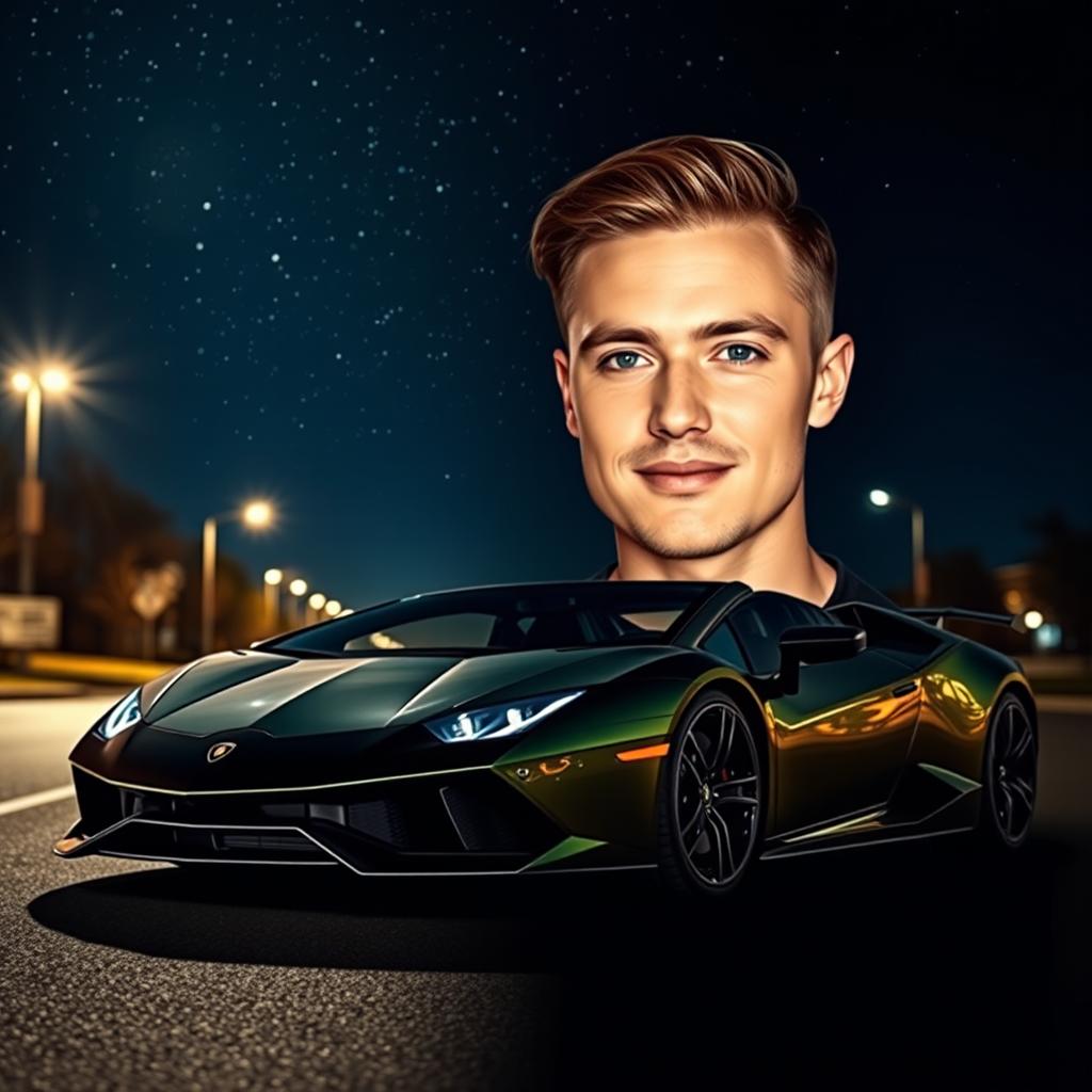 A bright daytime portrait of a person with a Lamborghini placed in a nighttime setting, expertly composited together