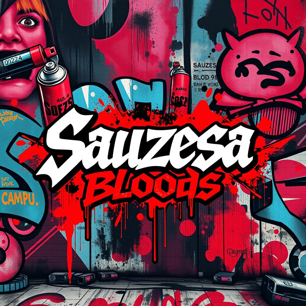 A vibrant and dynamic graffiti-style cover photo for a YouTube channel, themed around the Sauzesa Bloods