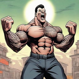 An animated, muscular figure resembling Rich Piana, passionately yelling 'Good Morning Goddammit!' in an energetic morning setting.