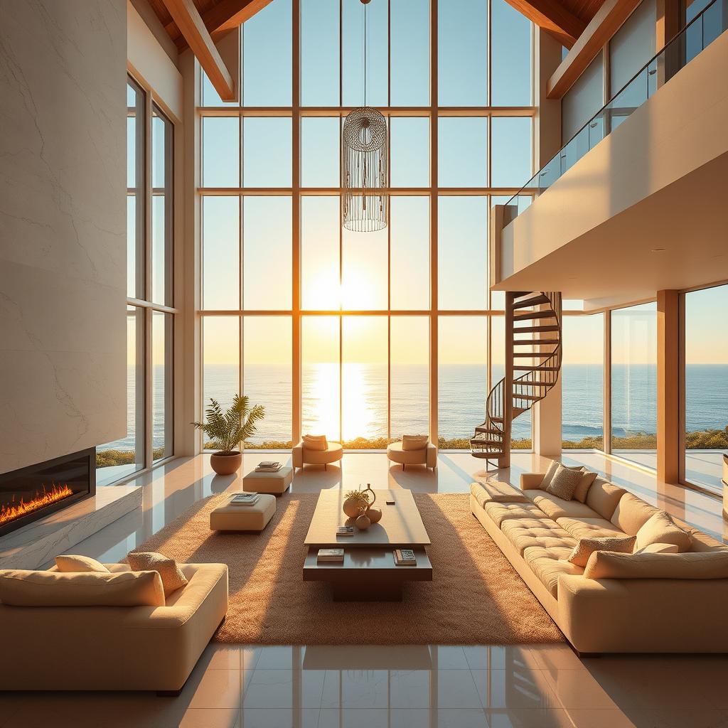 Ultra-luxurious, spacious modern mansion interior with floor-to-ceiling windows showcasing a breathtaking panoramic view of the ocean