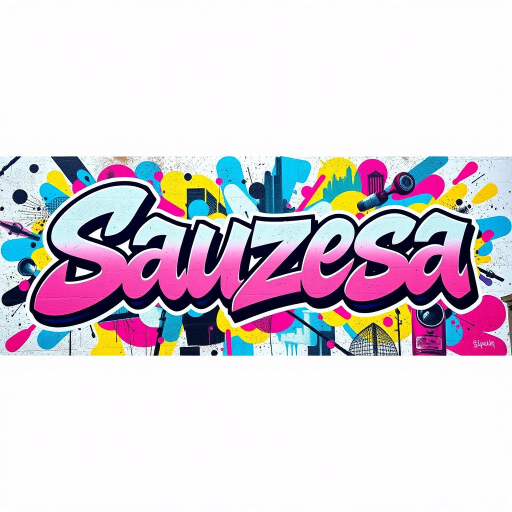 A vibrant and eye-catching graffiti mural featuring the word 'Sauzesa' in bold, dynamic lettering that captures the essence of street art