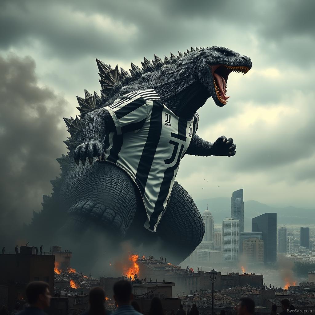 A massive and powerful Godzilla wearing a Juventus football shirt, towering over the city of Naples, causing destruction
