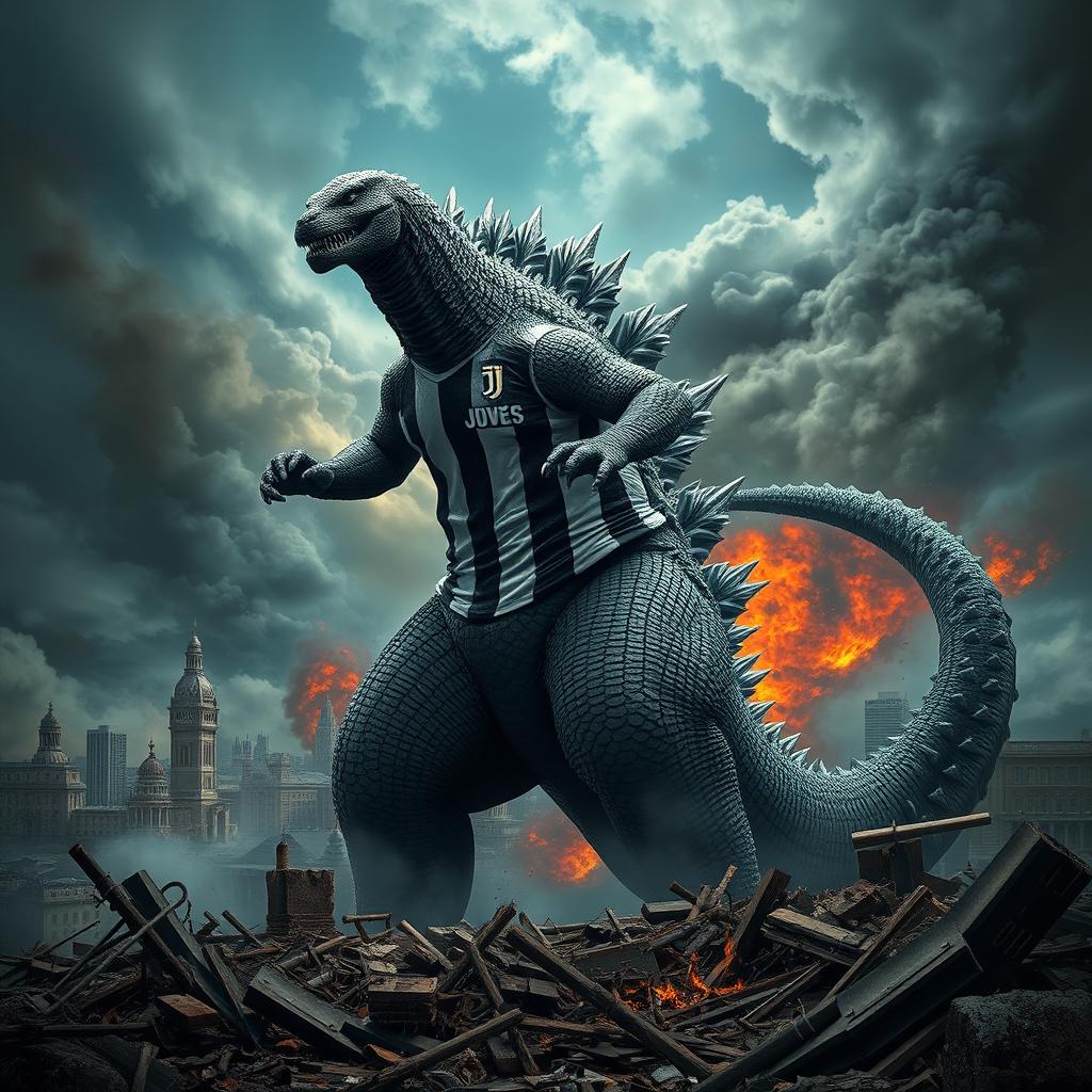 A colossal Godzilla wearing a Juventus jersey, towering over a devastated cityscape, with debris and chaos surrounding him