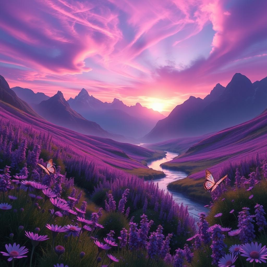 A breathtaking fantasy landscape showcasing an ethereal valley filled with vibrant, lush purple flowers