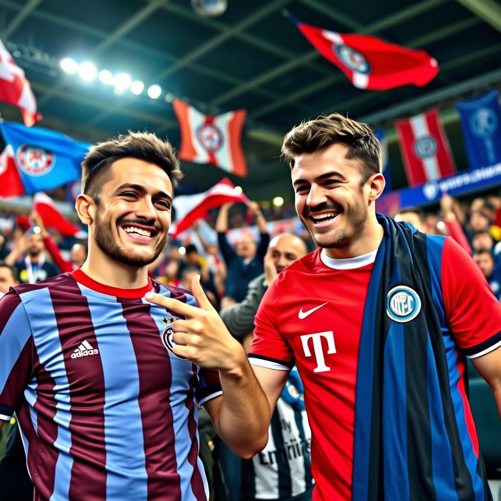 A vibrant scene showing a passionate Bayern Munich supporter teasing an Inter Milan fan