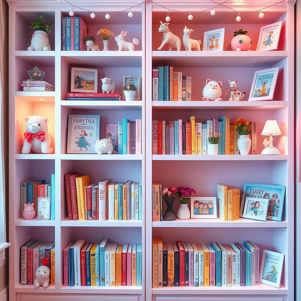 A whimsical and charming bookshelf designed for girls, filled with a delightful array of colorful books and decorative items