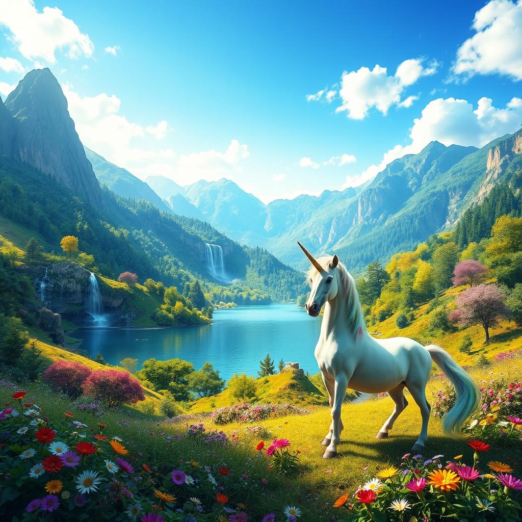 A vibrant fantasy landscape filled with lush greenery and towering mountains, dotted with sparkling waterfalls that glisten under the bright sunlight