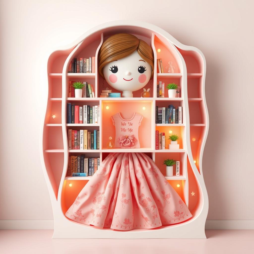 A creative and imaginative representation of a bookshelf designed to resemble a girl