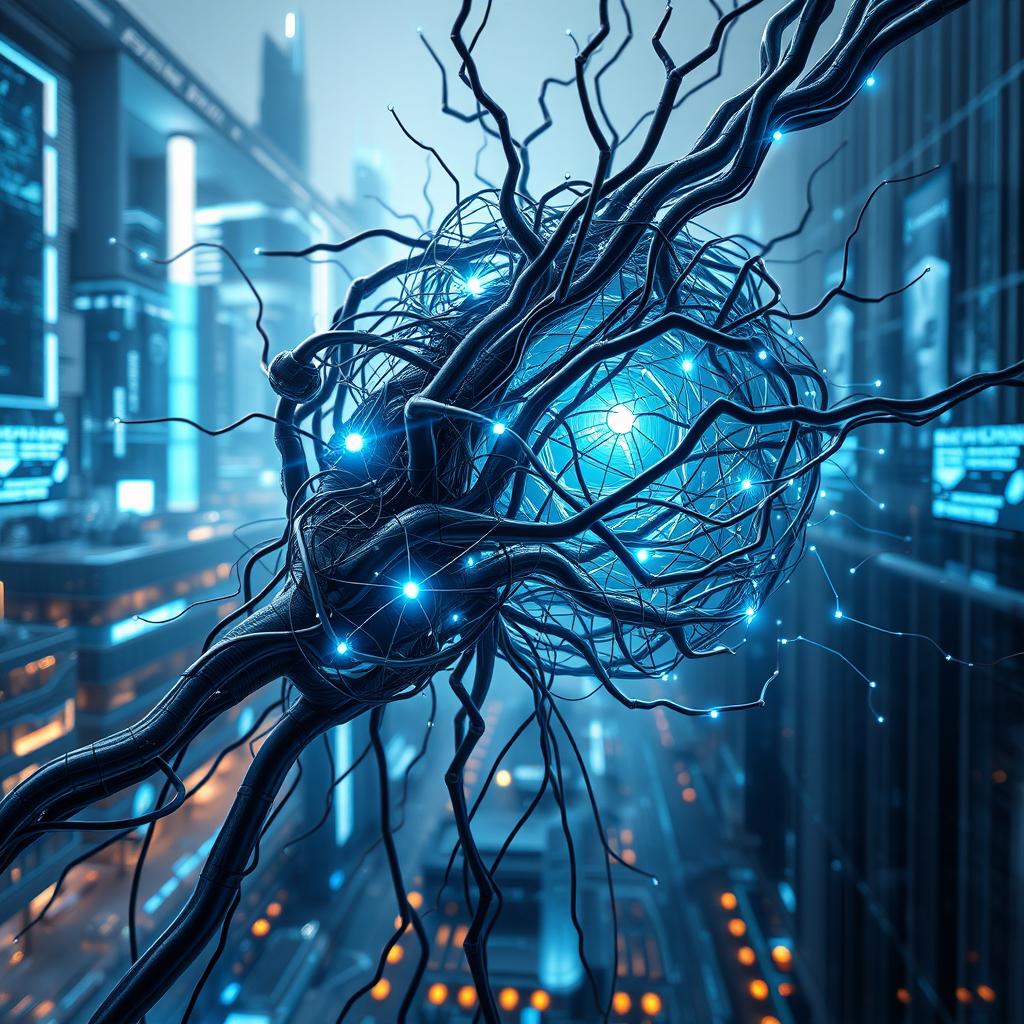 An artistic, abstract representation of artificial intelligence, showcasing intricate neural networks and digital circuits intertwined, highlighted with glowing blue and silver lights