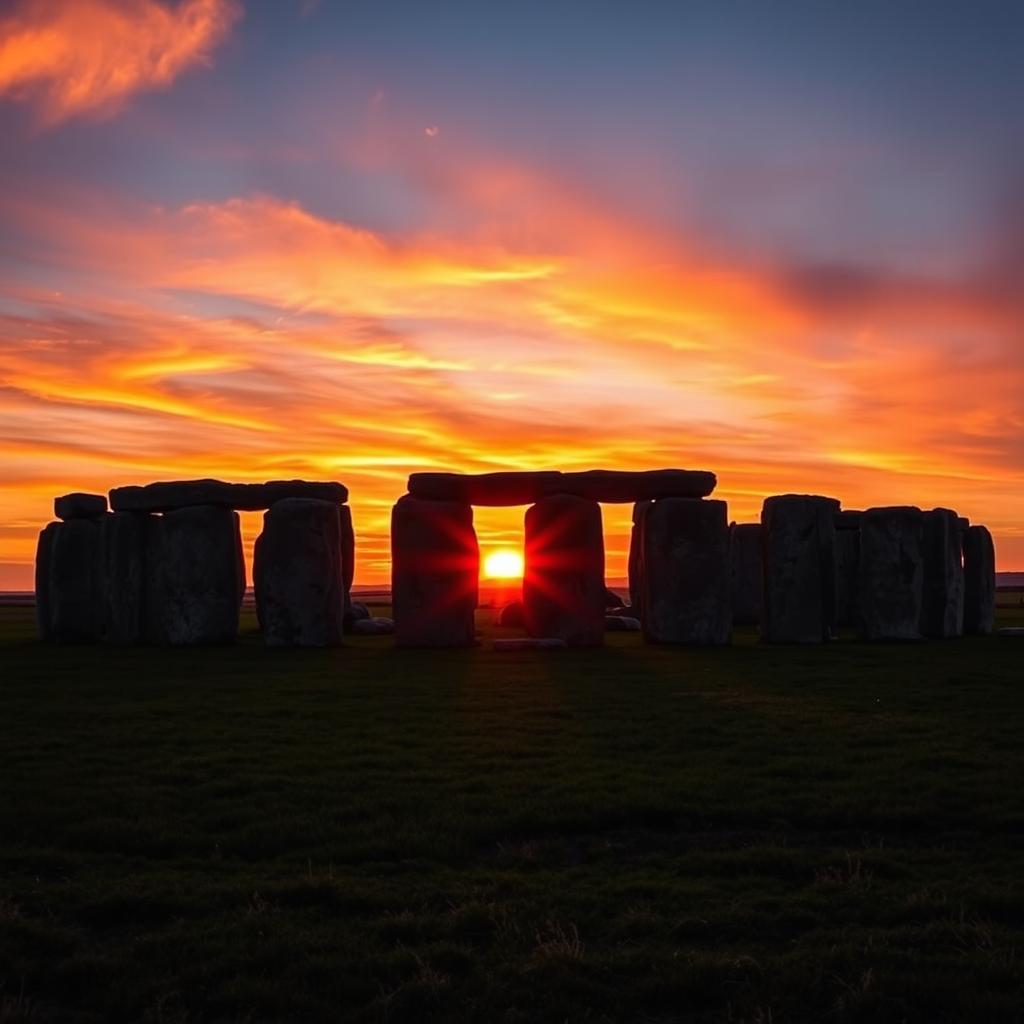 A stunning view of Stonehenge at sunset, showcasing the iconic standing stones arranged in a circular layout