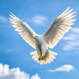 A majestic white eagle, a symbol of hope, soaring in a clear blue sky.