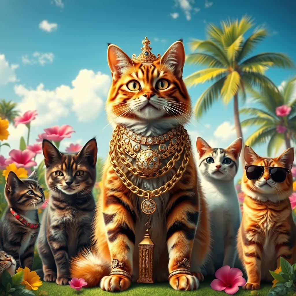 A majestic, godly cat with an aura of power and charisma stands confidently in a lush, vibrant paradise