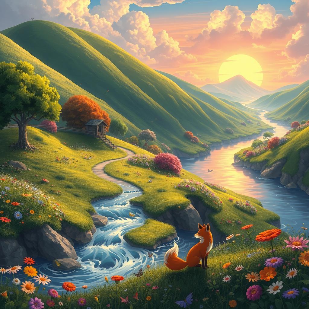 A breathtaking natural scene inspired by Studio Ghibli, featuring lush green hills, whimsical trees, and colorful flowers