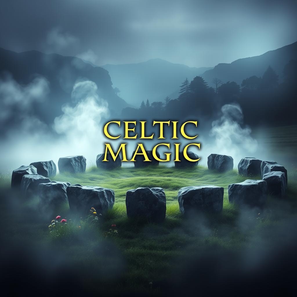 A book cover design for a Celtic magic theme featuring a mystical stone circle surrounded by an ethereal mist