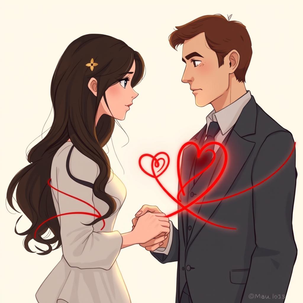 A poignant illustration depicting a young woman with long, wavy dark brown hair and dark blue eyes filled with longing and restrained pain