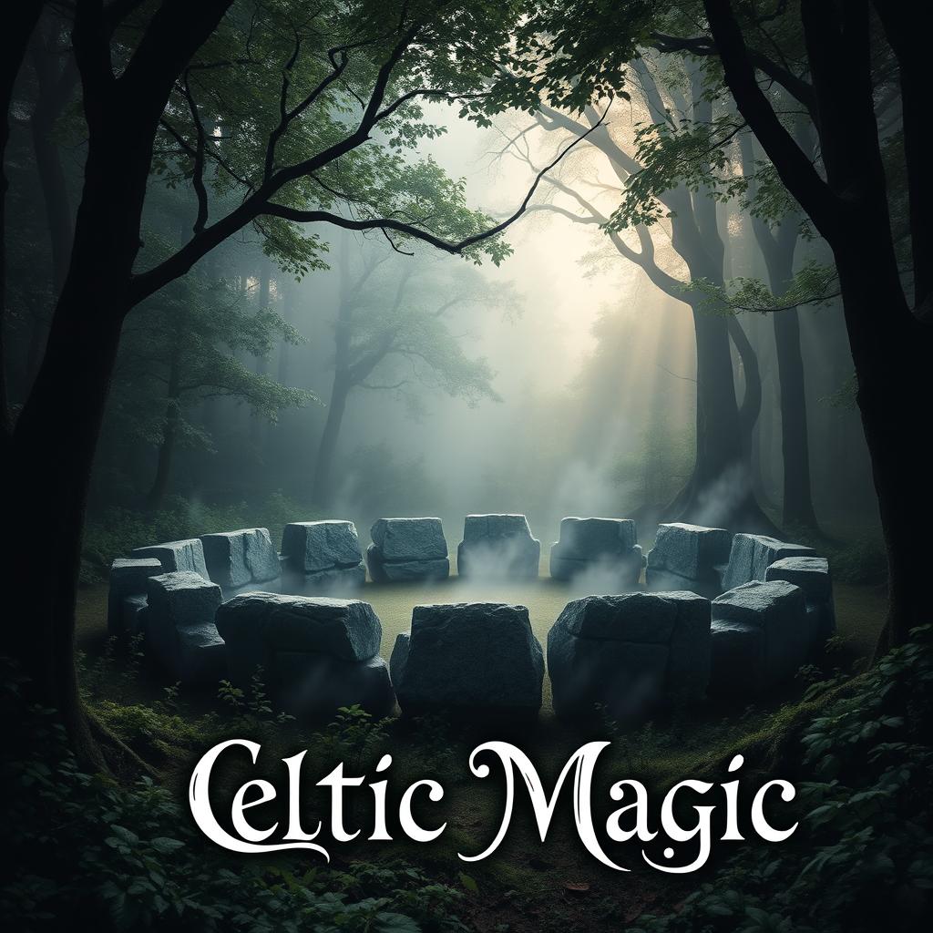 A captivating book cover design for a Celtic magic theme featuring a mystical stone circle nestled within an ancient forest