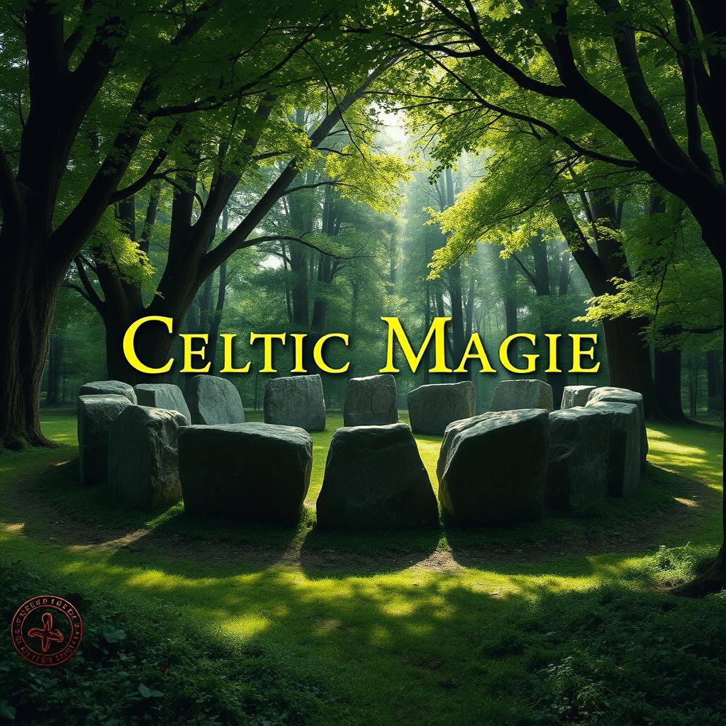 A stunning book cover design showcasing a Celtic magic theme, featuring an ancient stone circle set within a lush, vibrant forest