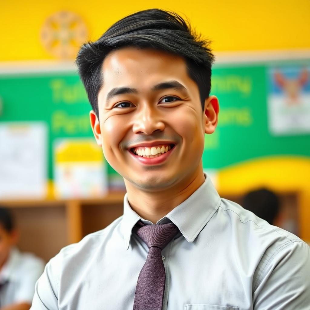 A professional male Filipino teacher dressed in formal attire, exuding confidence and warmth
