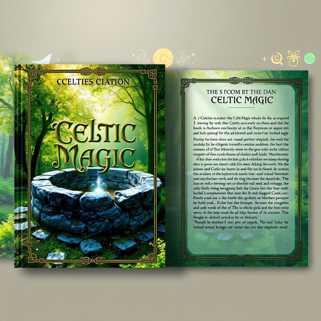 A beautifully designed book cover with a front cover, back cover, and flaps (orelha) featuring a Celtic magic theme