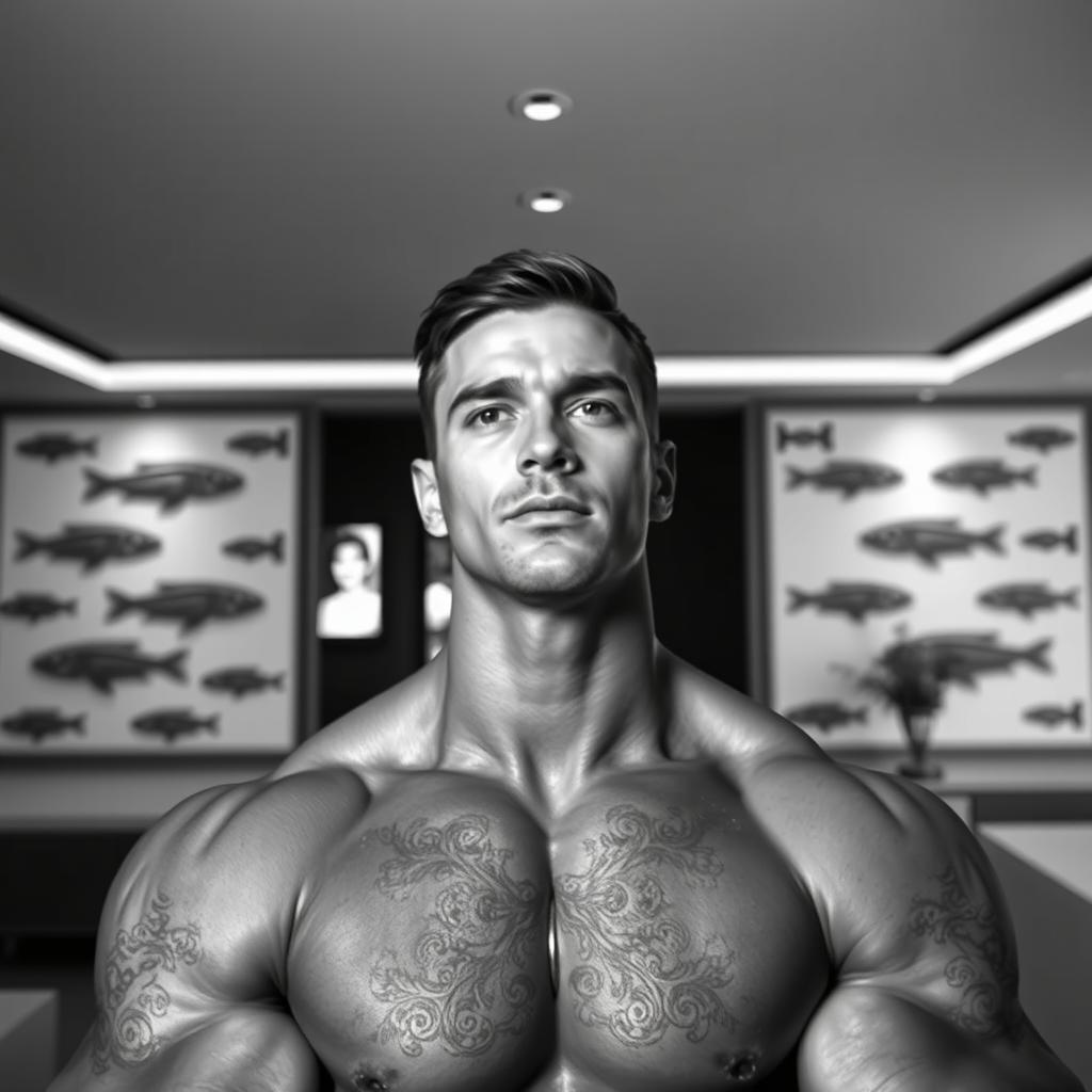 A modern interior showcased in black and white, with an emphasis on a square-jawed figure posing confidently in the center