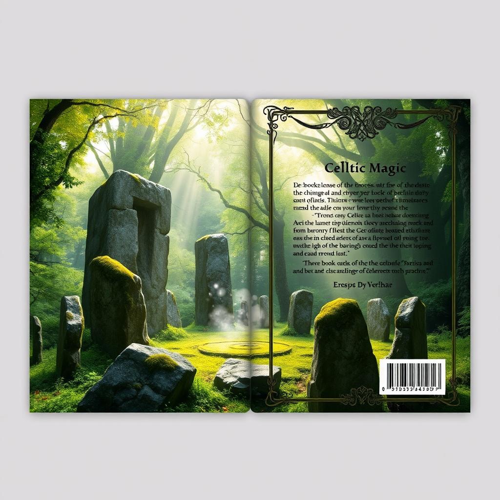 An enchanting book cover design featuring Celtic magic, including the front cover, back cover, and flaps (orelha)