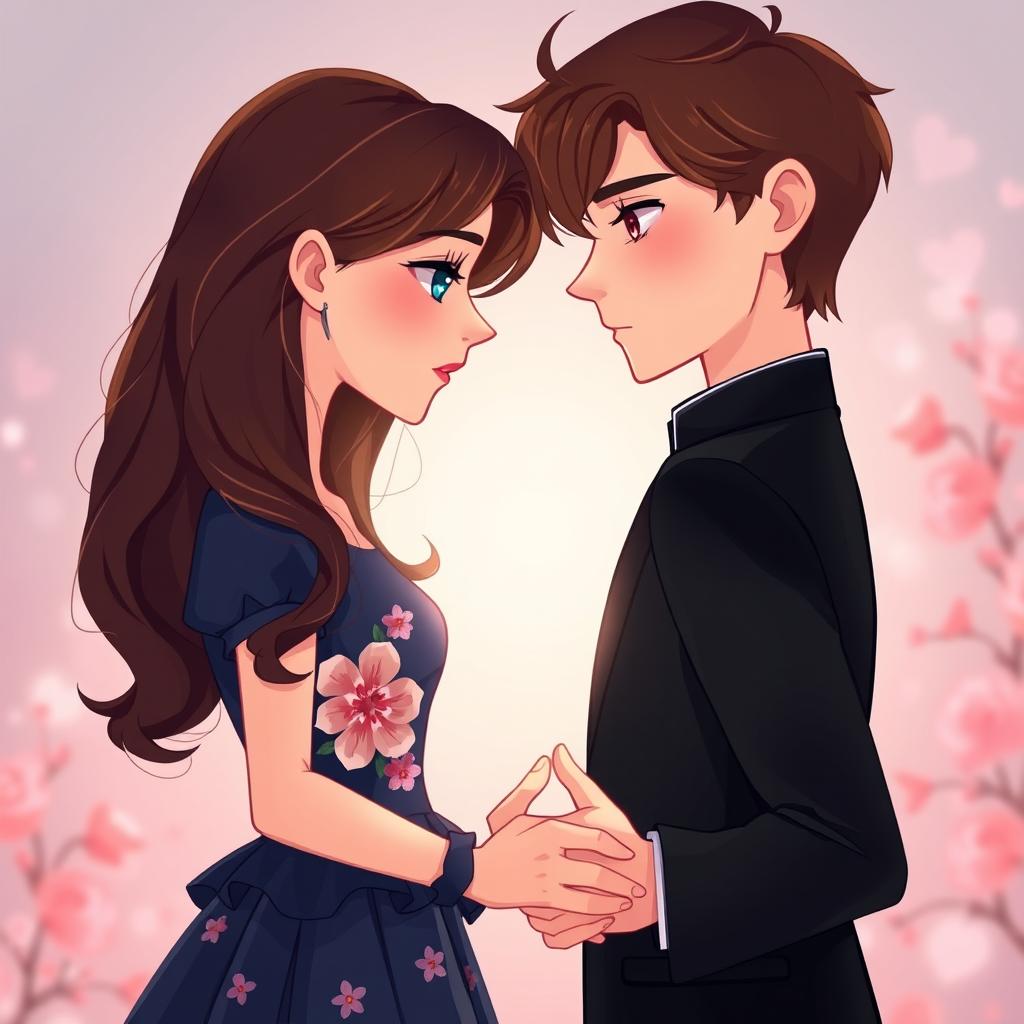 A vector illustration featuring a young woman with long, wavy dark brown hair and dark blue eyes filled with longing and content pain