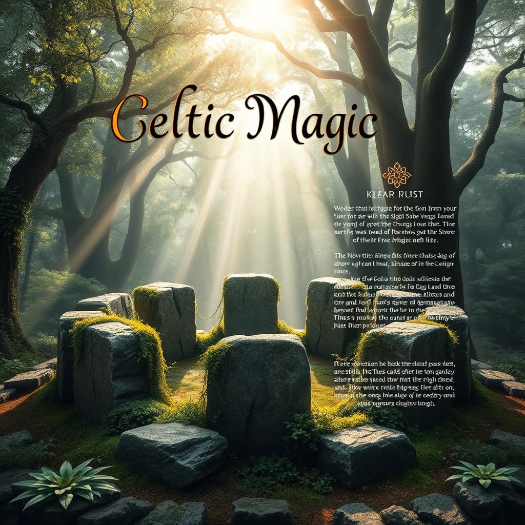 A captivating book cover design that includes the front cover, back cover, and flaps (orelha) featuring a theme centered around Celtic magic