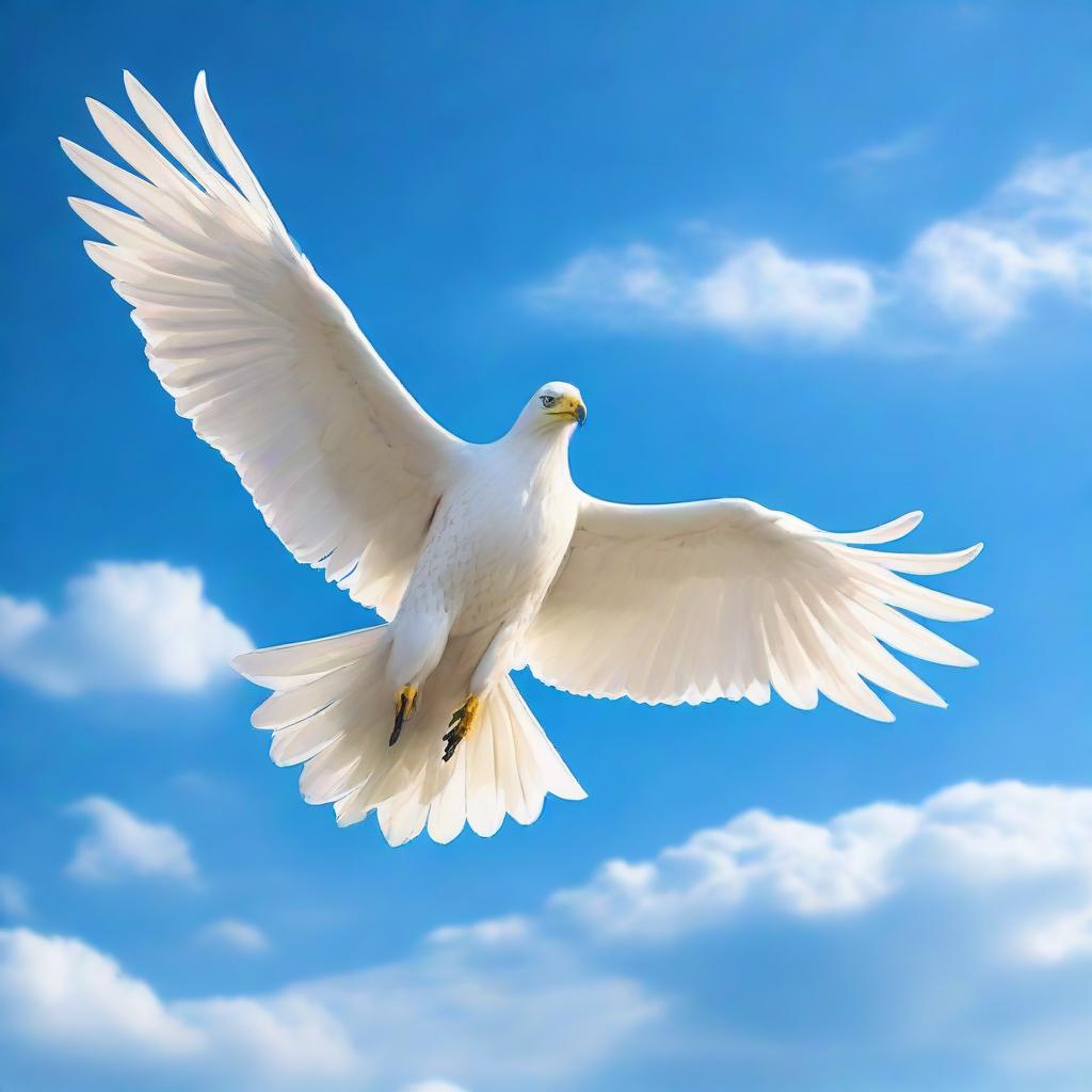 A majestic white eagle, a symbol of hope, soaring in a clear blue sky.