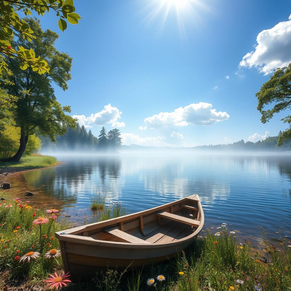Create an engaging and vibrant photo that captures a serene nature scene, featuring a tranquil lake surrounded by lush green trees and colorful wildflowers