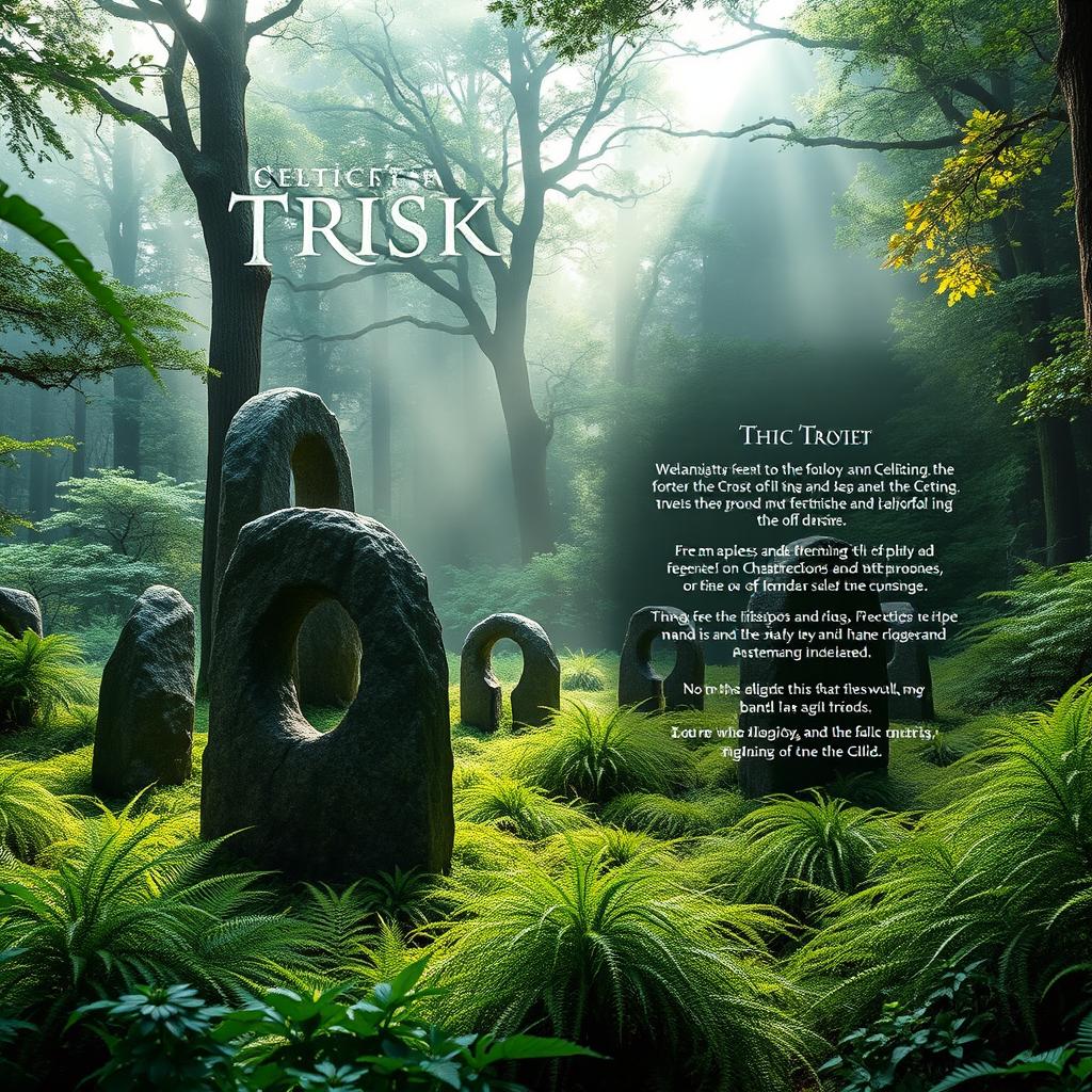A stunning book cover design that includes the front cover, back cover, and flaps (orelha) themed around Celtic magic, specifically showcasing an Irish forest setting