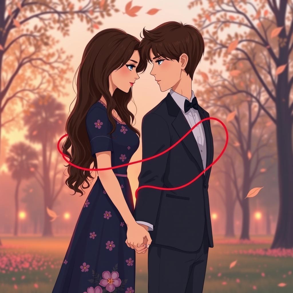 A vector illustration featuring a young woman with long, wavy dark brown hair and dark blue eyes filled with longing and content pain, dressed in a dark blue dress adorned with flowers